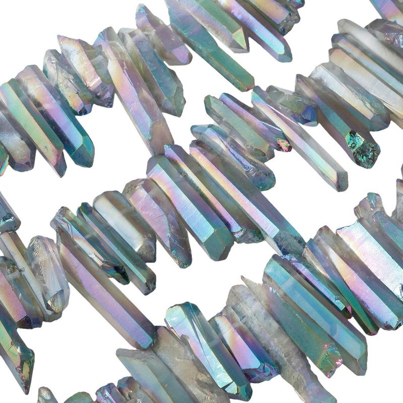 SUNYIK Transparent Green Titanium Coated Crystal Points Quartz Rough Sticks Spikes Point Beads 15 inch Strand Drilled - Image 3